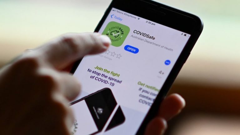 COVIDSafe app interface on a smartphone highlighting data security and privacy features.
