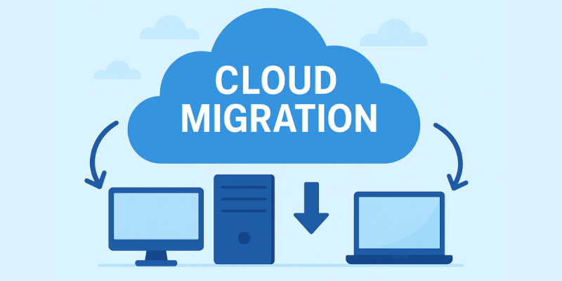 Cloud Migration illustration showing data movement from on-premises systems to cloud infrastructure.