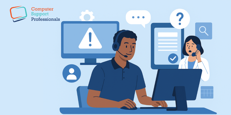 Modern IT help desk service team providing technical support with remote monitoring and troubleshooting tools.