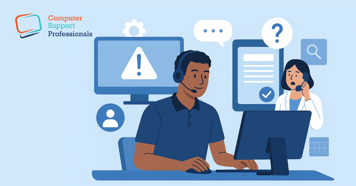 Modern IT help desk service team providing technical support with remote monitoring and troubleshooting tools.