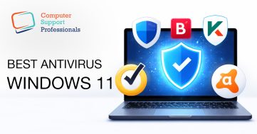 Windows 11 laptop with a shield icon representing antivirus protection and cybersecurity.