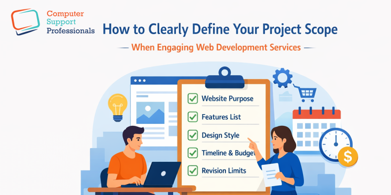Checklist for defining project scope in web development services.