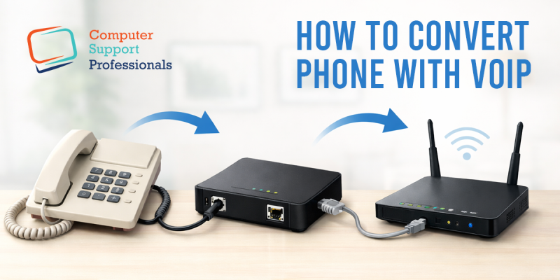 Old phone with VoIP adapter connected to router setup